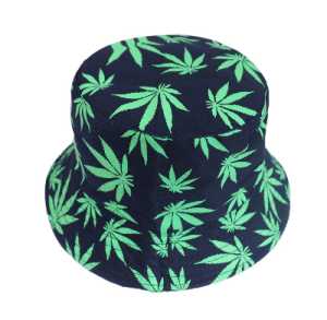 black bucket hat with green hemp leaf print