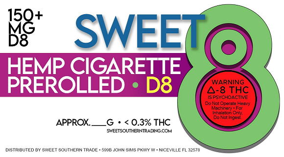 sweet 8 prerolled d8 hemp cigarette label