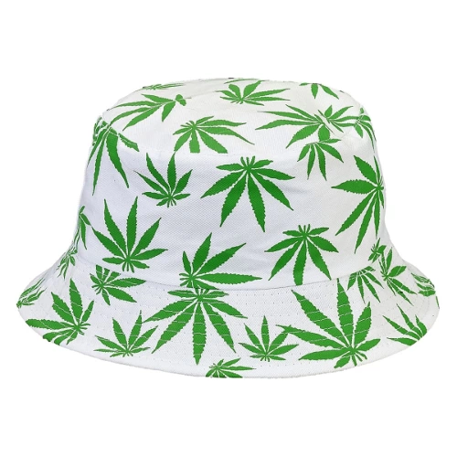 white bucket hat with green hemp leaf print